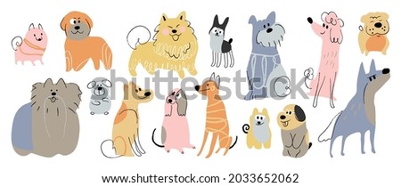 Cute dogs doodle vector set. Cartoon dog or puppy characters design collection with flat color in different poses. Set of funny pet animals isolated on white background.