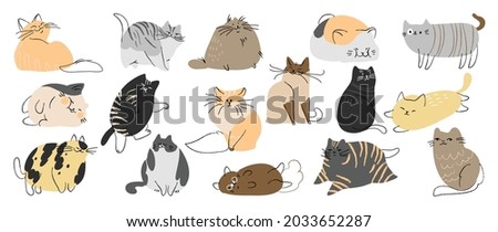 Cute and funny cats doodle vector set. Cartoon cat or kitten characters design collection with flat color in different poses. Set of purebred pet animals isolated on white background. Royalty-Free Stock Photo #2033652287