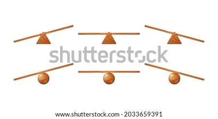 Wooden seesaw, kids swing of board on triangle or circle stand. Vector cartoon set of unbalanced and equal teeter totter, equipment for balance game or weight scales Royalty-Free Stock Photo #2033659391