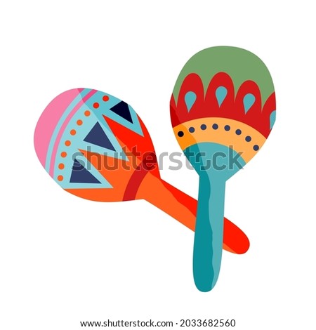 Two hand drawn traditional Mexican maracas with ornamental design elements vector flat illustration. Ethnic festival musical instrument for acoustic sound playing isolated. Wooden bright Latino rhythm