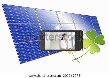 Solar Panel And Woman In The Mobile Screen