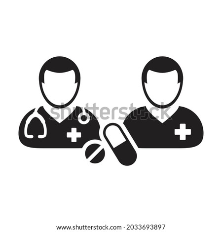 Doctor icon with patient with pill and tablet for medical treatment and consultation in a glyph pictogram illustration