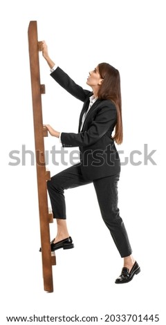 Businesswoman climbing up ladder isolated on white background