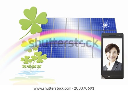 Solar Panels And Business Woman Smiling Reflection In Mobile Screen
