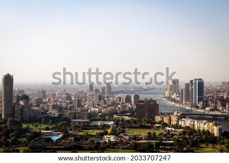 Cairo panoramic aerial view from Zamalek island by summer, Egypt