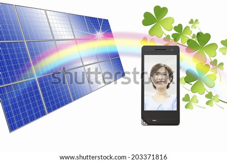 Woman And Solar Panel In Mobile Screen