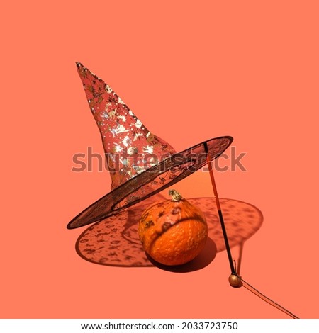 Halloween concept made of striking black with golden printed decorative witch hat and lovely orange pumpkin. Sunny shadows. Terracotta creative background.