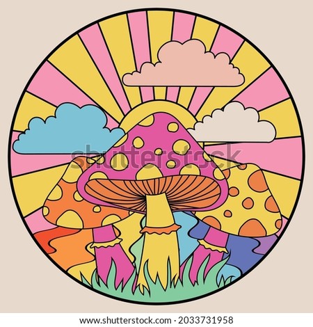 Retro 70's psychedelic hippie mushroom illustration print with groovy slogan for man - woman graphic tee t shirt or sticker poster - Vector Royalty-Free Stock Photo #2033731958