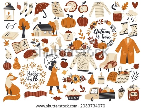 Autumn set, fall clip art, design elements collection with leaf, pumpkins, sweater, wreaths, and others. Hand drawn vector illustration.