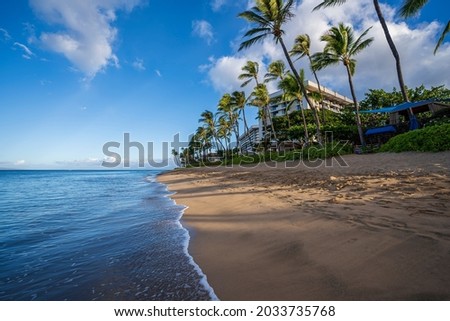 Early morning sunshine paints the lush palm trees and dense foliage on Ka'anapali Beach in Lahaina, Maui, Hawaii. Meanwhile, the calm azure surf tickles the shoreline and slowly erases the footprints  Royalty-Free Stock Photo #2033735768