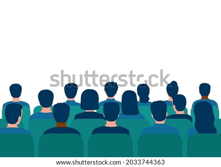 Сonference with audience in hall. People spectators. People audience back view. Students on lecture, seminar education. Vector illustration Royalty-Free Stock Photo #2033744363