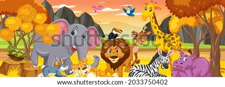 Forest panorama at sunset time scene with various wild animals illustration