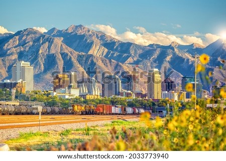 Downtown Salt Lake City skyline cityscape of  Utah in USA at sunset Royalty-Free Stock Photo #2033773940