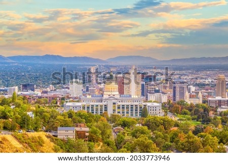 Downtown Salt Lake City skyline cityscape of  Utah in USA at sunset