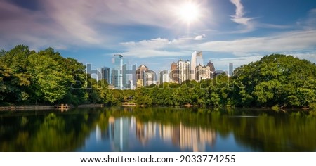 Downtown Atlanta city skyline cityscape of Georgia, USA at sunset
