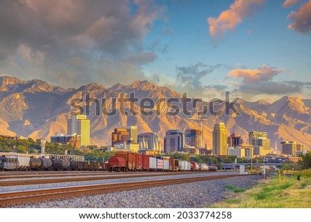 Downtown Salt Lake City skyline cityscape of  Utah in USA at sunset