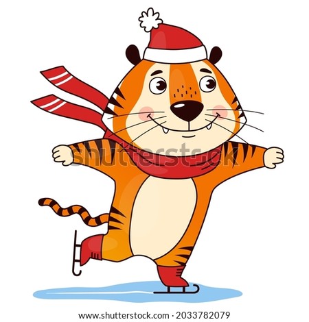 Cute cartoon ice skating tiger in a red hat and a scarf. The symbol of the 2022. Chinese New Year. Vector illustration