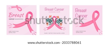 Set of vector cards for Breast Cancer Awareness Month. Collection of square banner templates for mammary cancer campaign with pink cartoon ribbons and floral decoration. Flat style Illustration.