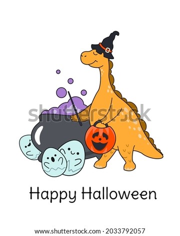 Happy Halloween. A Halloween greeting card with a cute dinosaur in a witch costume, a pumpkin basket, a witch's cauldron and an inscription. Vector illustration in cartoon style