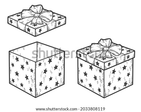 Set of gift box with bow. Closed and open lid. Sketch scratch board imitation coloring.