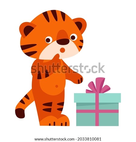Cute tiger with a gift box. Vector illustration in cartoon style. Isolated on a white background.