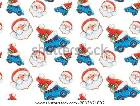 Christmas seamless pattern of gingerbread cookies on white background.