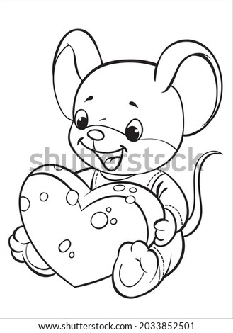 Coloring. Cartoon character mouse with cheese.