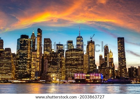 Panoramic Night view of downtown Manhattan after sunset in New York City, USA