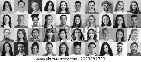 A lot of happy people, Portraits of group headshots in collage mosaic collection. Many smiling multicultural faces looking at camera. Human resource society database concept. Black and White 