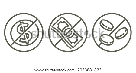 Free of charge icon, gratis, unpaid service or product - strikethrough money bank note and coin - isolated thin line pictogram
