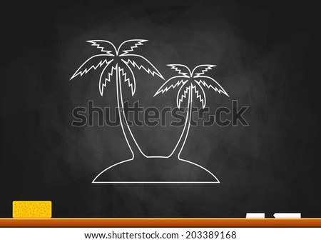 Drawing of island with palms on blackboard