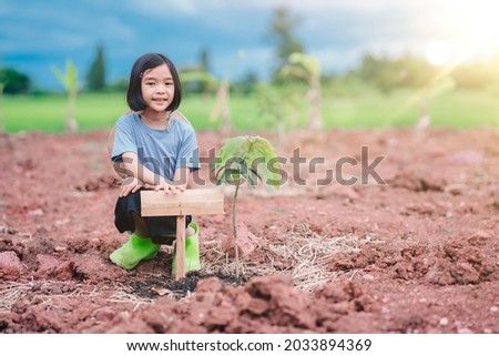 Kids holding wood of tree label on soil in organic garden farm 