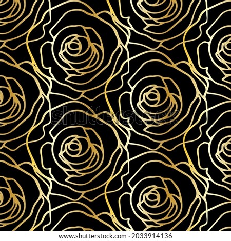 Hand drawn seamless pattern with golden rose isolated on black background. Elegant floral design. Vector illustration.