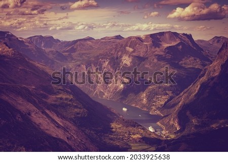 Tourism vacation and travel. Fantastic view on Geirangerfjord and mountains landscape from Dalsnibba viewpoint in Norway.