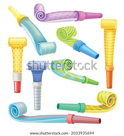Bright Party Whistle as Birthday Toy and Accessory for Blowing and Making Sound Vector Set Royalty-Free Stock Photo #2033935694