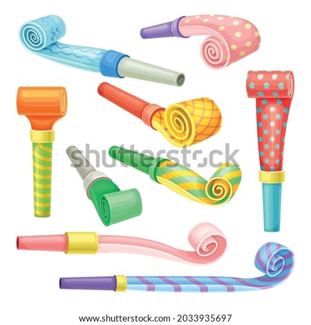 Bright Party Whistle as Birthday Toy and Accessory for Blowing and Making Sound Vector Set Royalty-Free Stock Photo #2033935697