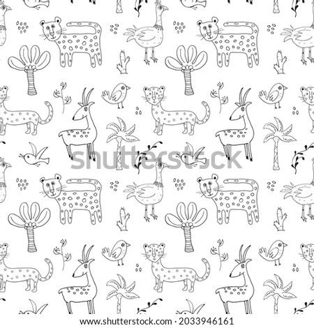 Cute Animals Seamless pattern. Cartoon Animals and Tropical plants doodles. Cartoon Vector illustration.