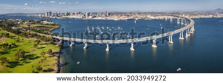 Panorama of Coronado Bridge with San Diego skyline. Royalty-Free Stock Photo #2033949272