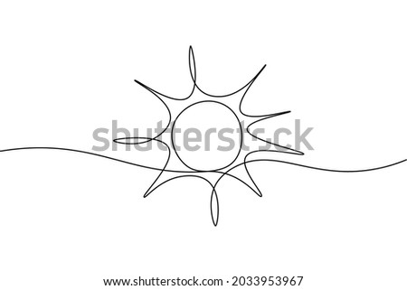 Continuous line sun art. Single line sketch sunny summer travel concept. Icon hot bright sky weather happy holiday vacation element vector illustration Royalty-Free Stock Photo #2033953967