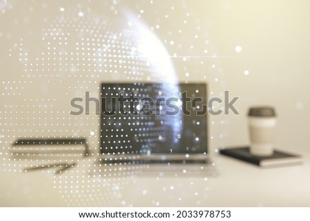 Multi exposure of abstract graphic world map on computer background, connection and communication concept