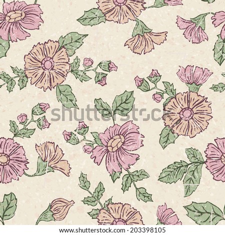 Vector illustration. Seamless doodle floral pattern with vintage texture