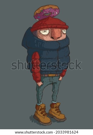 A guy in a down jacket with his hands in his pockets and a donut over his head