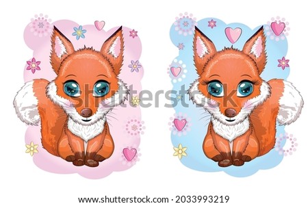 Baby shower card Cute Woodland Fox with flowers and butterflies on a pink and blue background