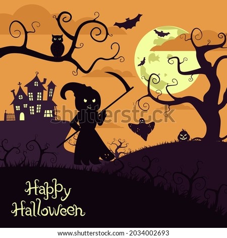 Halloween poster with scary trees, reaper with scythe, an owl, pumpkin and bats on the background of the moon and sky. Color vector illustration, banner for an invitation card.