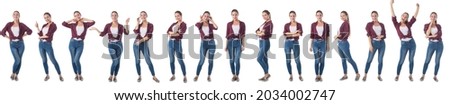 Set of Full length portraits of beautiful young woman in casual clothes isolated on white background Royalty-Free Stock Photo #2034002747