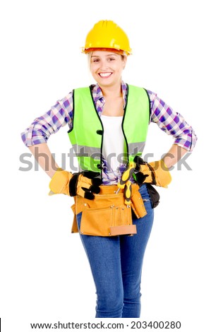 young female construction worker isolated in white