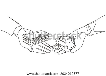 Single continuous line drawing buying or renting car. Car and money holding in hand. Hand of car salesman manager and customer holding car and money. One line draw graphic design vector illustration