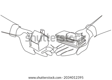 Continuous one line drawing buying house. Agent of real estate holding in hand house, key. Buyer, customer gives cash money. Deal sale and purchase of real, concept. Single line draw design vector