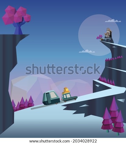 Low poly illustration of a car towing caravan up the hill along the snow covered road leading to the distant mansion. Fantasy cartoon concept.