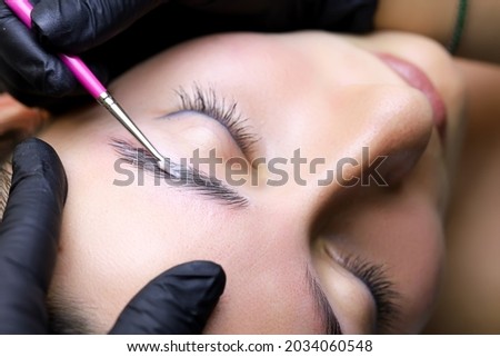 the model lies on the procedure of lamination of the eyebrows the master applies the composition for lamination on the eyebrows of the model close up Royalty-Free Stock Photo #2034060548